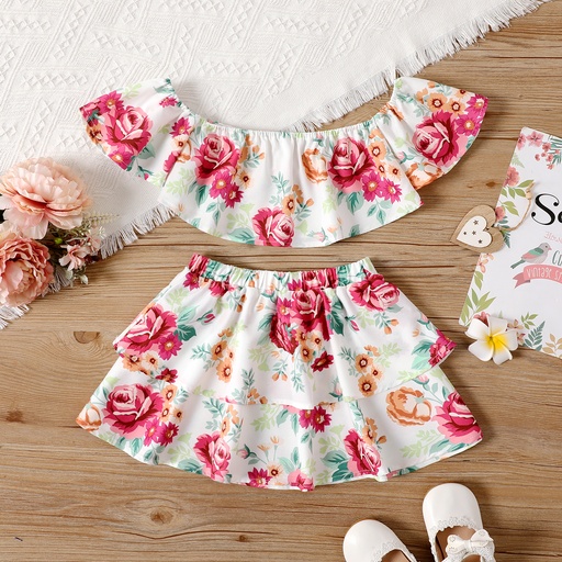 [SC11-20594740] 2pcs Toddler Girl Floral Print Off Shoulder Blouse and Layered Skirt Set