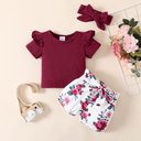 3pcs Baby Girl Solid Cotton Ruffle Short-sleeve Tee and Floral Print Belted Shorts & Headband Set