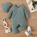2pcs Baby Boy/Girl Solid Rib Knit Button Front Long-sleeve Jumpsuit with Hat Set