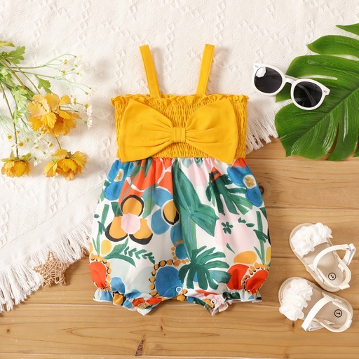 Baby Girl Plant Print Bow Front Smocked Slip Romper