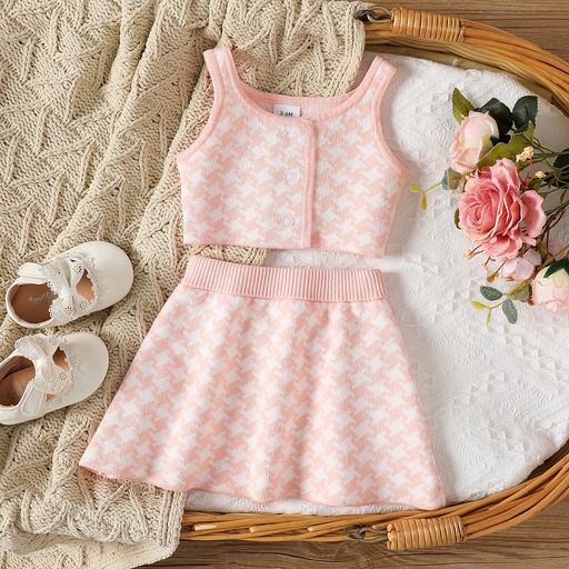 [SC12-20646488] 2pcs Baby Girl 100% Cotton Houndstooth Pattern Button Placket Knitted Tank Top and Skirt Set
