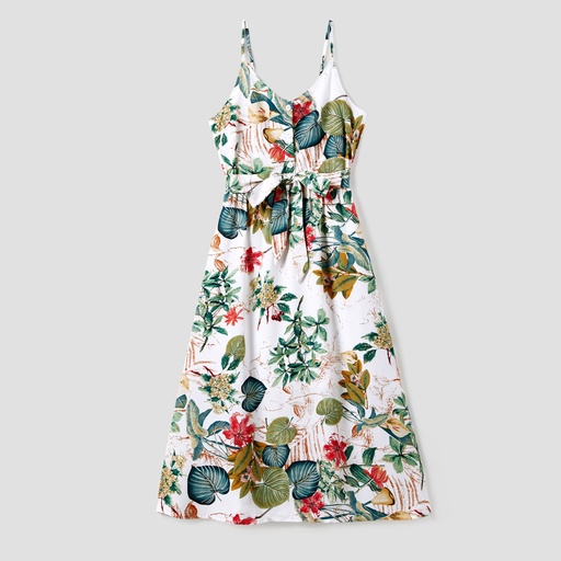 Family Matching Beach Shirt and Floral Button-Front Strap Dress Sets