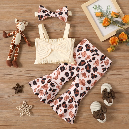 3pcs Baby Girl Cotton Ribbed Bow Front Crop Tank Top and Leopard Print  Naia™ Flared Pants & Headband Set