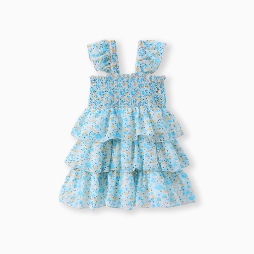 Toddler Girl Sweet Floral Print Smocked Ruffled Sleeveless Dress