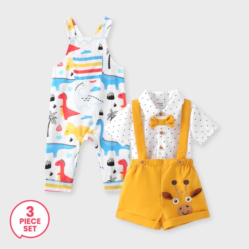 Baby Boy Polka Dots Bowknot Shirt and Giraffe Print Overall Shorts and Dino Print Overalls Set