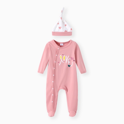 [SC12-20153302] 2pcs Baby Valentine's Day 95% Cotton Love Heart Print Footed Jumpsuit with Hat Set