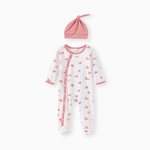 [SC12-20153301] 2pcs Baby Valentine's Day 95% Cotton Love Heart Print Footed Jumpsuit with Hat Set