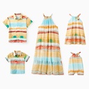 Family Matching Sets Rainbow Striped Tie-Dye Shirt or Flowy Ruffle Hem Halter Dress