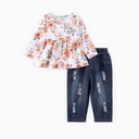 Baby Girl 2pcs Sweet Floral Print Ruffled Top and Denim Ripped Jeans Set
