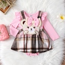 Baby Girl 2pcs Bear Embroidered Overall Dress and Ruffled Romper Set