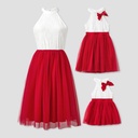 Mommy and Me High Neck Halter Lace Splicing Multi-Layered Mesh Dresses