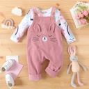 2pcs Baby Girl Allover Cat & Rainbow Print Long-sleeve Tee and Embroidered Corduroy Overalls Set