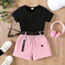 2pcs Kid Girl Short-sleeve Tee and Pocket Design Belted Shorts Set