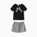 Toddler Girl 2pcs Bowknot Tee and Grid Skirts Set