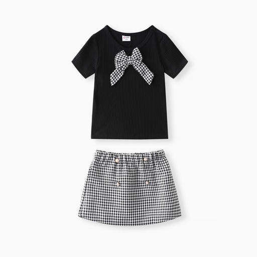 Toddler Girl 2pcs Bowknot Tee and Grid Skirts Set