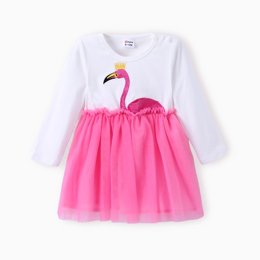 Baby Girl Flamingo Embroidered Mesh Splice Dress