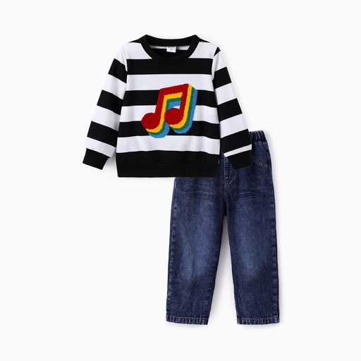 Toddler Boy 2pcs Towel Embroidery Stripe Sweatshirt and Jeans Set