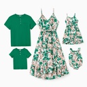 Family Matching Sets Green Solid Color Tee or Floral Pattern Wrap Bottom Strap Dress with Hidden Snap Button