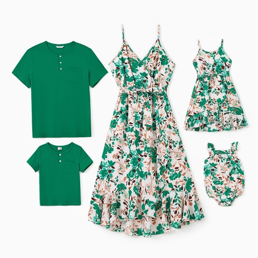 Family Matching Sets Green Solid Color Tee or Floral Pattern Wrap Bottom Strap Dress with Hidden Snap Button