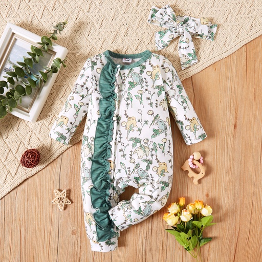 2pcs Baby Girl Ribbed Green/White Rabbit Print Long-sleeve Ruffle Jumpsuit Set