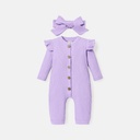 2pcs Baby Girl Solid Cotton Ribbed Ruffle Long-sleeve Button Front Jumpsuit with Headband Set