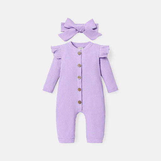 [SC13-20557652] 2pcs Baby Girl Solid Cotton Ribbed Ruffle Long-sleeve Button Front Jumpsuit with Headband Set