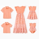 Family Matching Sets Solid Color Orange Shirt or Tropical Plants Floral Faux Button Ruffle Hem Dress