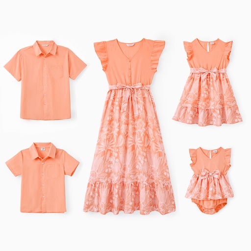 Family Matching Sets Solid Color Orange Shirt or Tropical Plants Floral Faux Button Ruffle Hem Dress