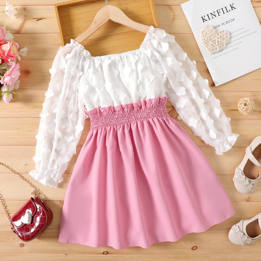 Kid Girl 3D Floral Design Smocked Splice Square Neck Mesh Long-sleeve Dress