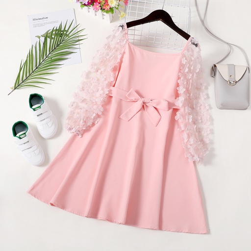 [SC13-19904047] Kid Girl Flower Embroidery Square Neck Mesh Long-sleeve Dress with Bow Belt