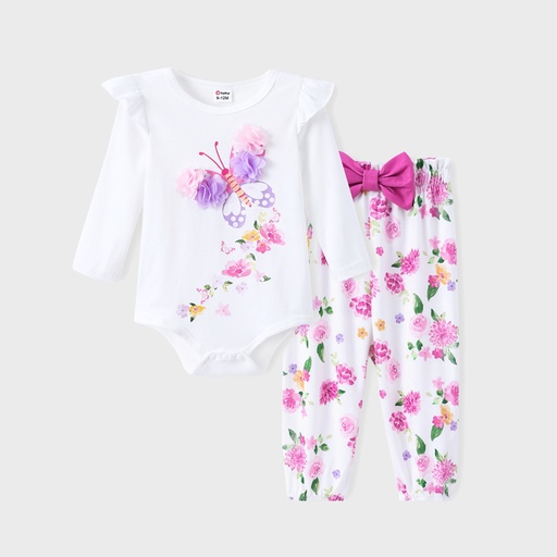 Baby Girl 3pcs Floral Print Romper and Pants with Headband Set