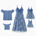 Family Matching Sets Henley Neck Color Block Cotton Tee or Ruffle Trim Spliced Embroidered Tulle Strap Dress