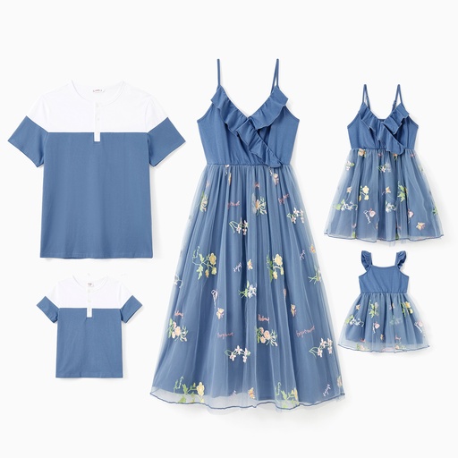 [SC13-20860849] Family Matching Sets Henley Neck Color Block Cotton Tee or Ruffle Trim Spliced Embroidered Tulle Strap Dress