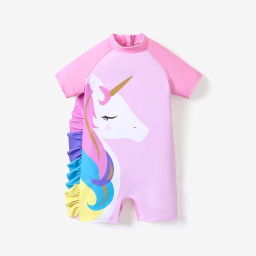 Toddler Girl Playful Ruffled Unicorn Print Onepiece Swimsuit