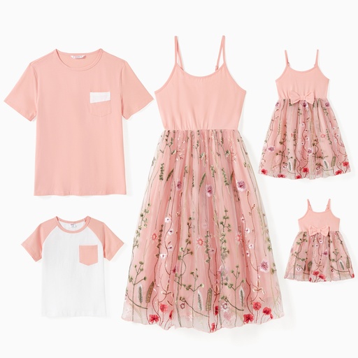 [SC13-20851567] Family Matching Solid Color/ Raglan Sleeves Tee and Pink Cami Embroidered Tulle Strap Dress Sets