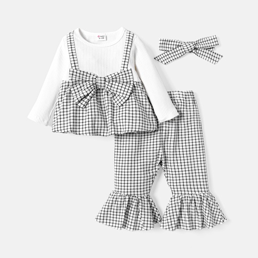 3pcs Baby Girl Solid Cotton Ribbed Long-sleeve Faux-two Gingham Print Bow Front Top and Flared Pants & Headband Set