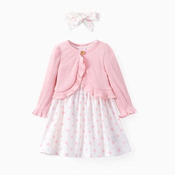 93% Cotton Baby Girl Floral Dress Set with Knit Cardigan & Matching Headband