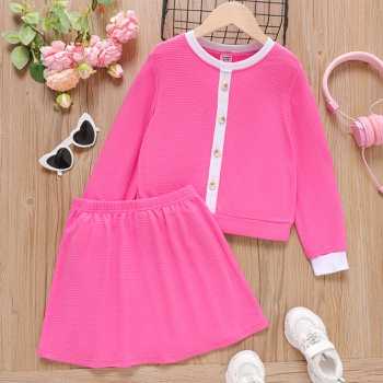 [WCL12-20655834] 2pcs Kid Girl Waffle Button Decor Long-sleeve Top and Skirt Set