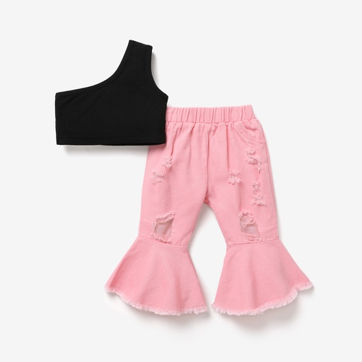 [WCL12-20611756] 2pcs Baby Girl 100% Cotton Ripped Denim Flare-sleeve Jeans and One Shoulder Crop Tank Top Set