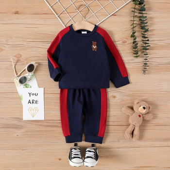 [WCL12-20546960] 2pcs Baby Boy/Girl Bear Embroidered Long-sleeve Colorblock Sweatshirt and Sweatpants Set