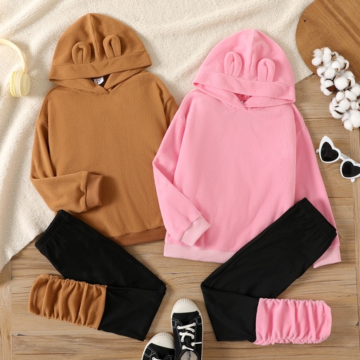2pcs Kid Girl Ear Design Polar fleece Hoodie Sweatshirt amd Colorblock Splice Leggings Set