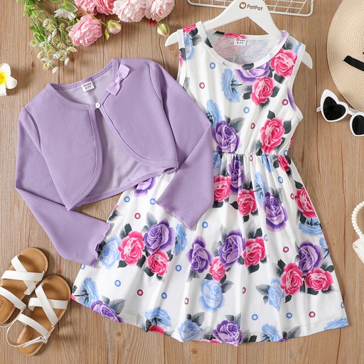 [WCL12-20440502] 2pcs Kid Girl Floral Print Sleeveless Dress and Long-sleeve Purple Bowknot Design Cardigan Set