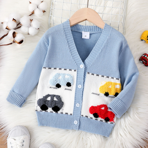 Toddler Girl/Boy Vehicle Pattern Button Up Sweater 