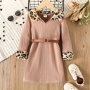 Toddler Girl Leopard Print Fleece Splice Lapel Collar Ribbed Dress (Belt is not included)