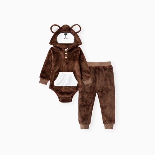 2pcs Baby Cartoon Bear 3D Ears Hooded Long-sleeve Thickened Fleece Romper and Pants Set