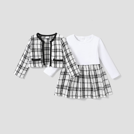 2-piece Toddler Girl Long-sleeve White Plaid Tweed Stitching Dress and Cardigan Set