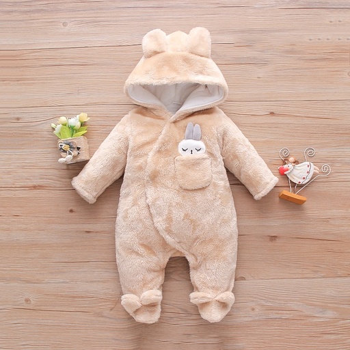 Solid Rabbit Decor Fleece Hooded Footed/footie Long-sleeve Baby Jumpsuit