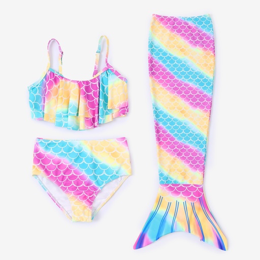  Todder/Kid Girl Ruffled Top and Bottom and Mermaid Tail Swimsuits Set