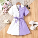 2pc Kid Girl's White Purple Spliced Mid-length Sleeve Windbreaker with Fabric Stitching Shirt Dress