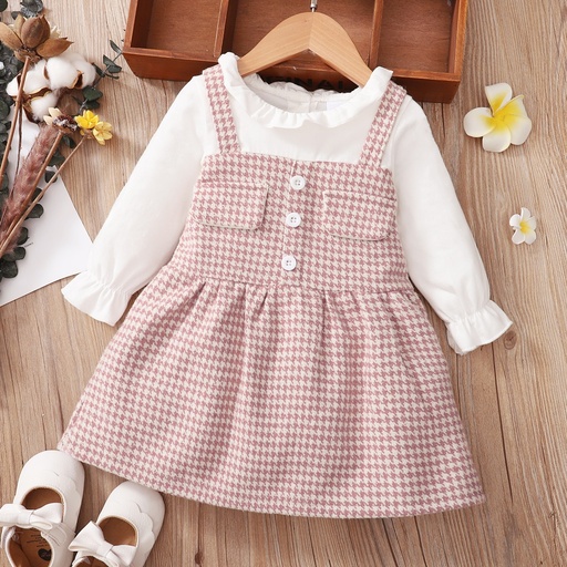 [SCL15-20108241] Frilly Collar Long-sleeve Splicing Pink Baby Faux-two Houndstooth Dress